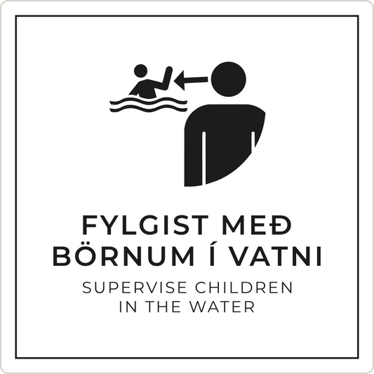 Fylgist með börnum í vatni - boðskilti, hvítt