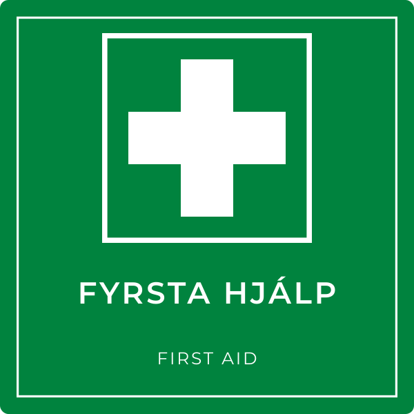 Fyrsta hjálp – grafið neyðarskilti, íslenska og enska