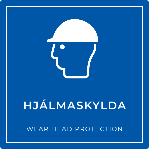 Hjálmaskylda – grafið boðskilti, íslenska og enska