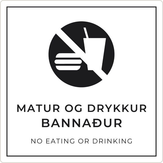 Matur og drykkur bannaður - bannskilti, hvítt