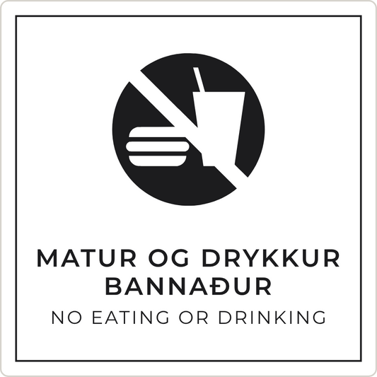 Matur og drykkur bannaður - bannskilti, hvítt