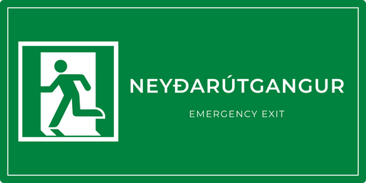 Neyðarútgangur með ör til vinstri – grafið neyðarskilti