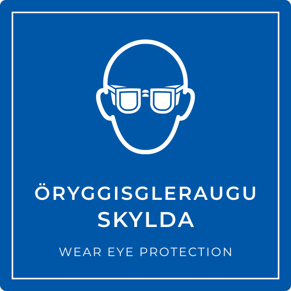 Öryggisgleraugu skylda – grafið boðskilti, íslenska og enska
