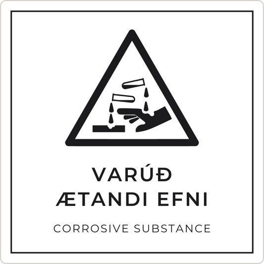 Varúð, ætandi efni - viðvörunarskilti, hvítt