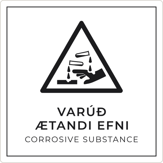 Varúð, ætandi efni - viðvörunarskilti, hvítt