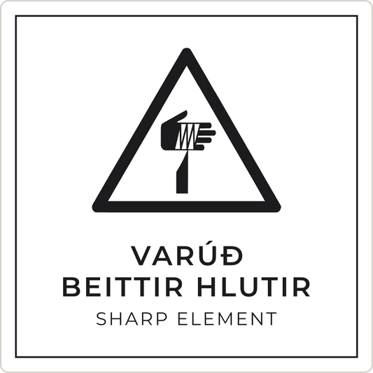 Varúð, beittir hlutir - viðvörunarskilti, hvítt
