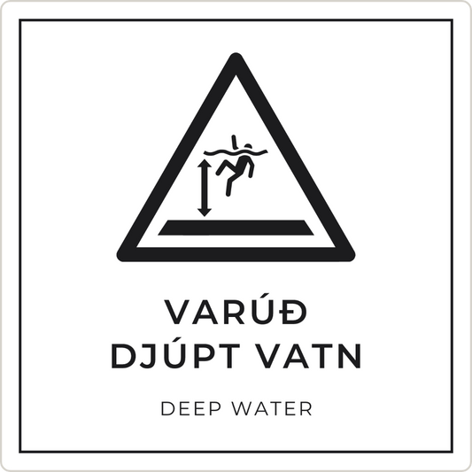 Varúð, djúpt vatn - viðvörunarskilti, hvítt