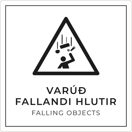 Varúð, fallandi hlutir - viðvörunarskilti, hvítt