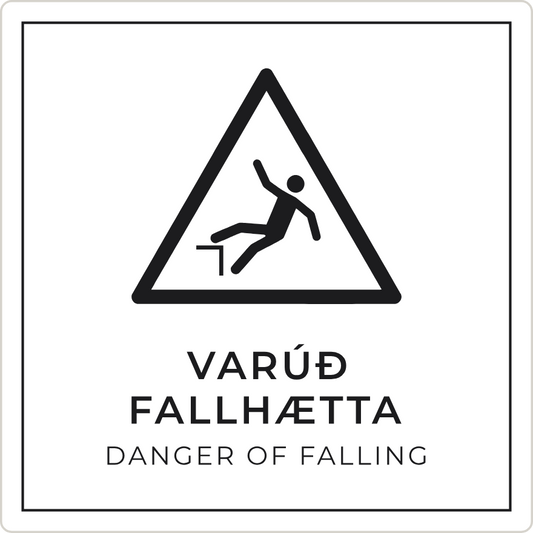 Varúð, fallhætta - viðvörunarskilti, hvítt