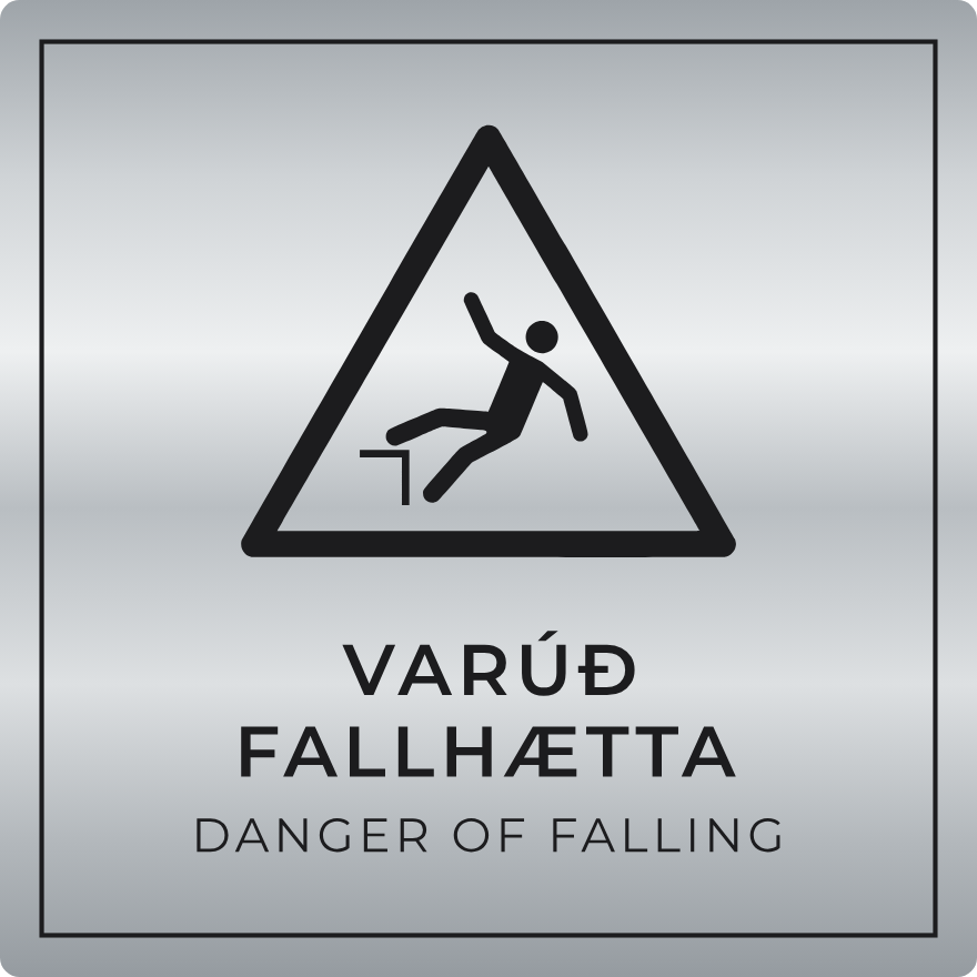 Varúð, fallhætta - viðvörunarskilti, silfur
