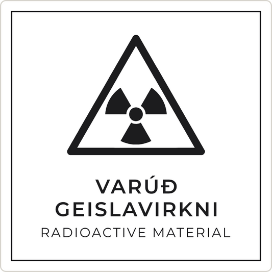 Varúð, geislavirkni - viðvörunarskilti, hvítt