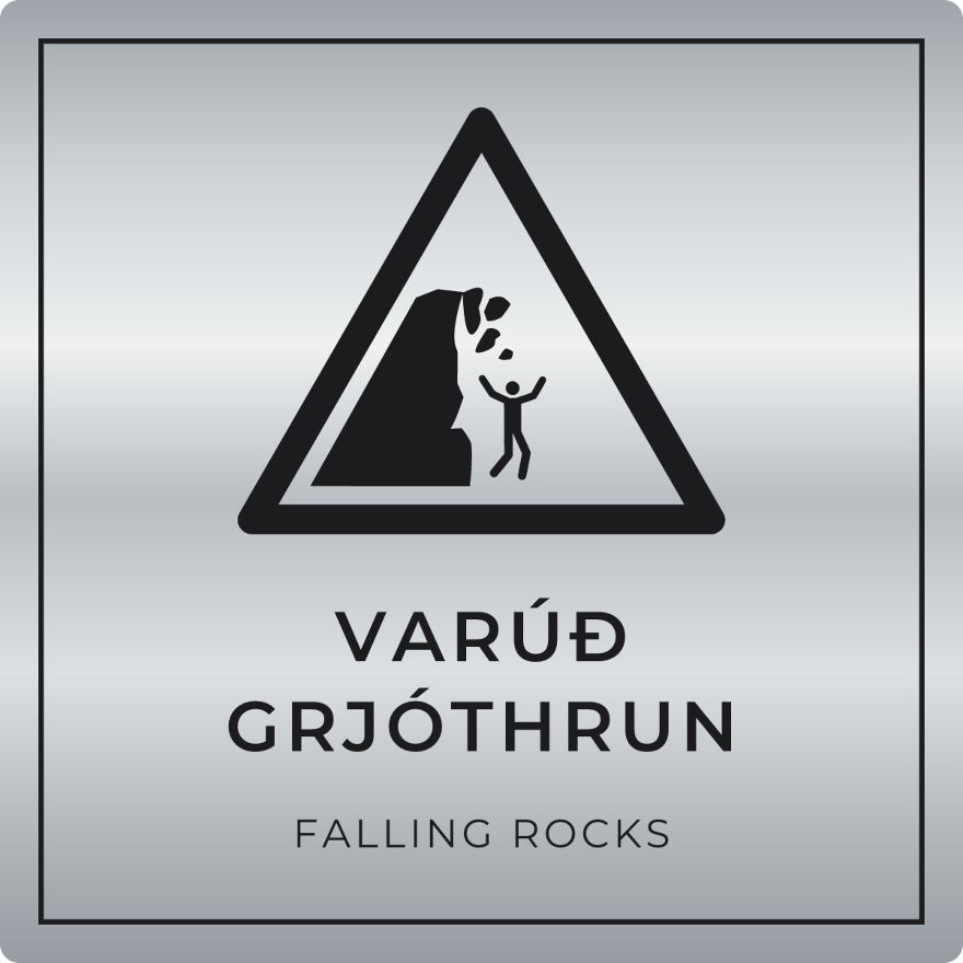 Varúð, grjóthrun - viðvörunarskilti, silfur