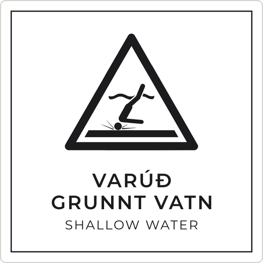 Varúð, grunnt vatn - viðvörunarskilti, hvítt