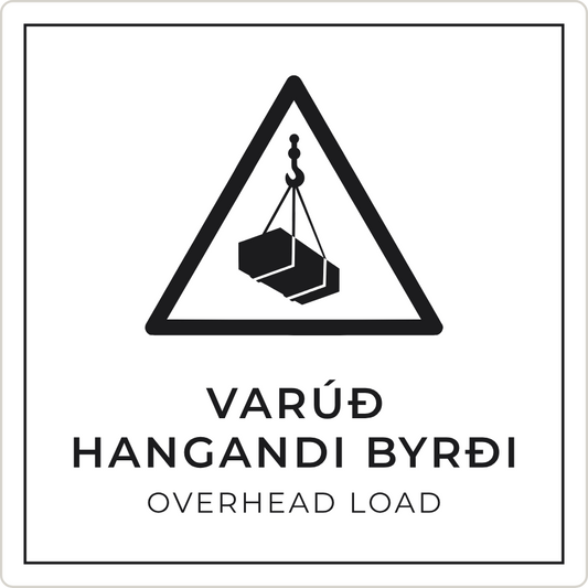 Varúð, hangandi byrði - viðvörunarskilti, hvítt