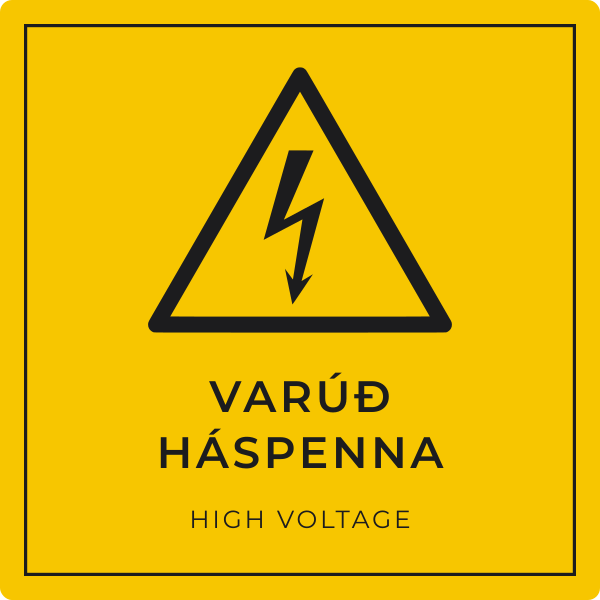 Varúð – háspenna – grafið viðvörunarskilti, íslenska og enska
