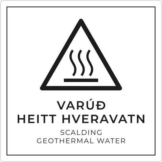 Varúð, heitt hveravatn - viðvörunarskilti, hvítt