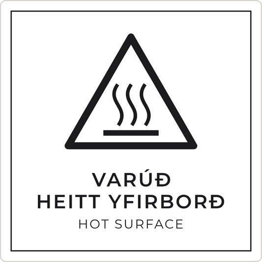 Varúð, heitt yfirborð - viðvörunarskilti, hvítt