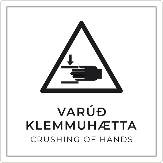 Varúð, klemmuhætta - viðvörunarskilti, hvítt