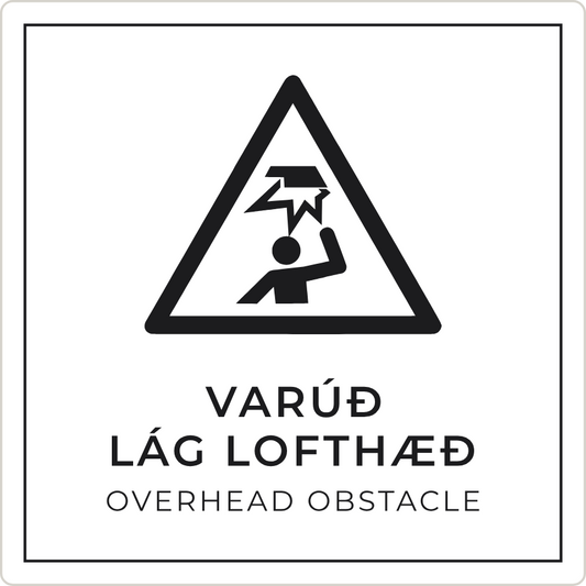 Varúð, lág lofthæð - viðvörunarskilti, hvítt