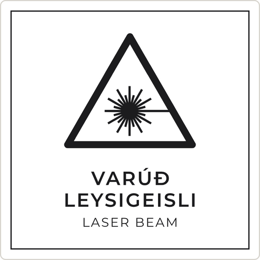 Varúð, leysigeisli - viðvörunarskilti, hvítt