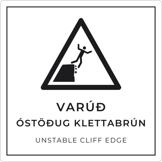Varúð, óstöðug klettabrún - viðvörunarskilti, hvítt