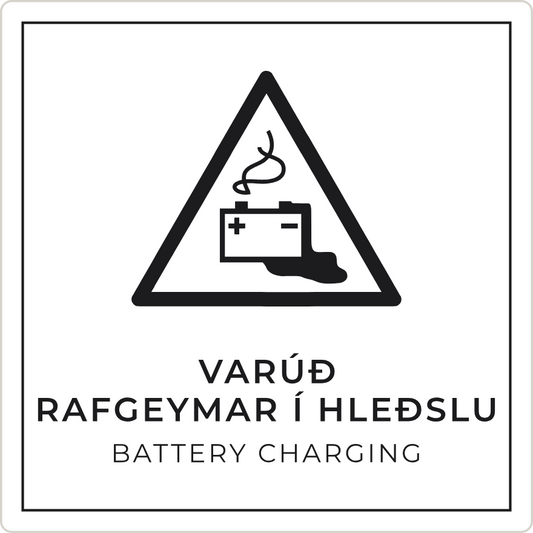 Varúð, rafgeymar í hleðslu - viðvörunarskilti, hvítt