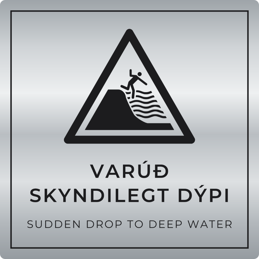 Varúð, skyndilegt dýpi - viðvörunarskilti, silfur