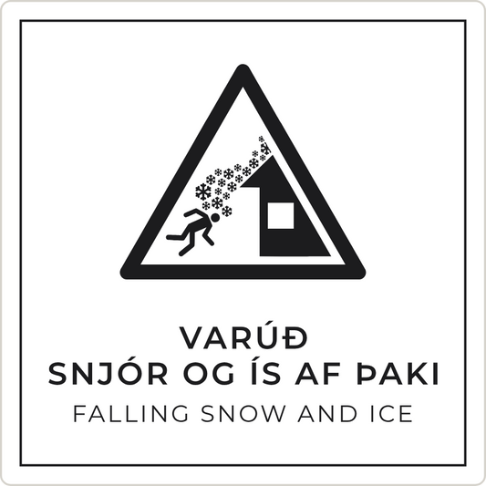 Varúð, snjór og ís af þaki - viðvörunarskilti, hvítt