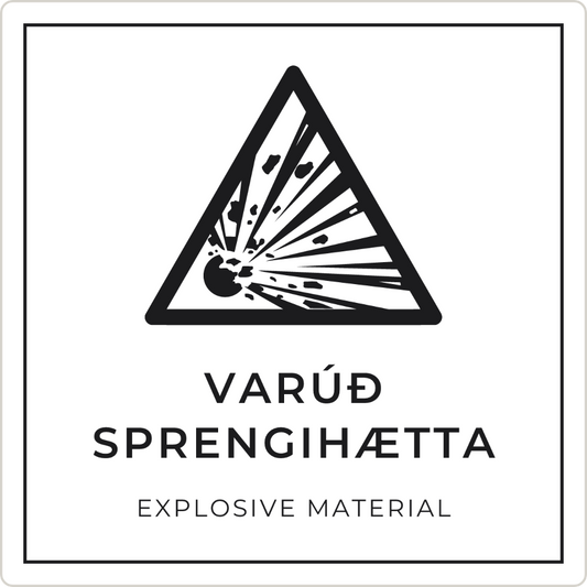 Varúð, sprengihætta - viðvörunarskilti, hvítt