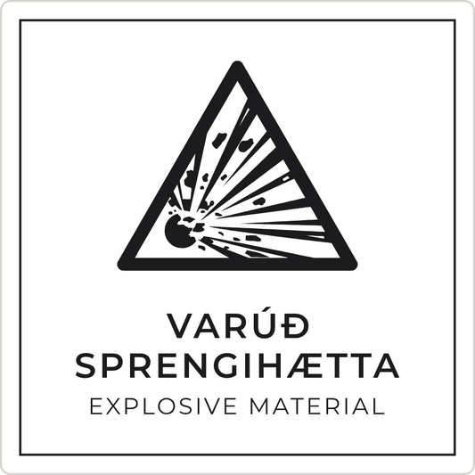 Varúð, sprengihætta - viðvörunarskilti, hvítt