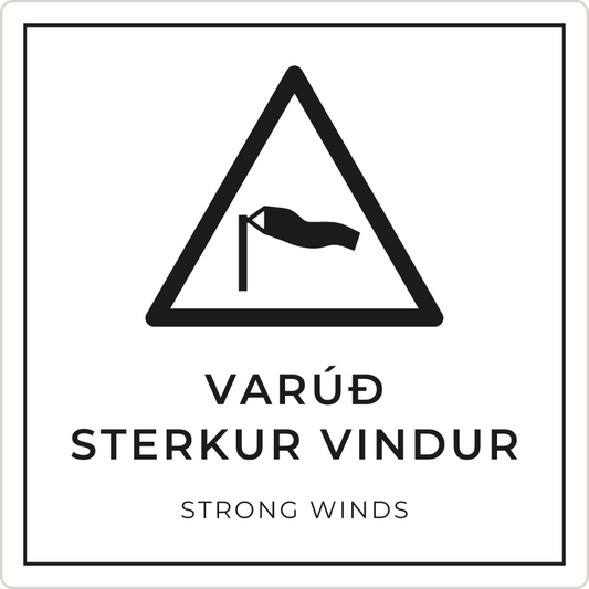 Varúð, sterkur vindur - viðvörunarskilti, hvítt