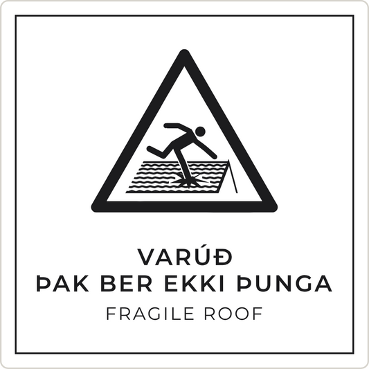 Varúð, þak ber ekki þunga - viðvörunarskilti, hvítt