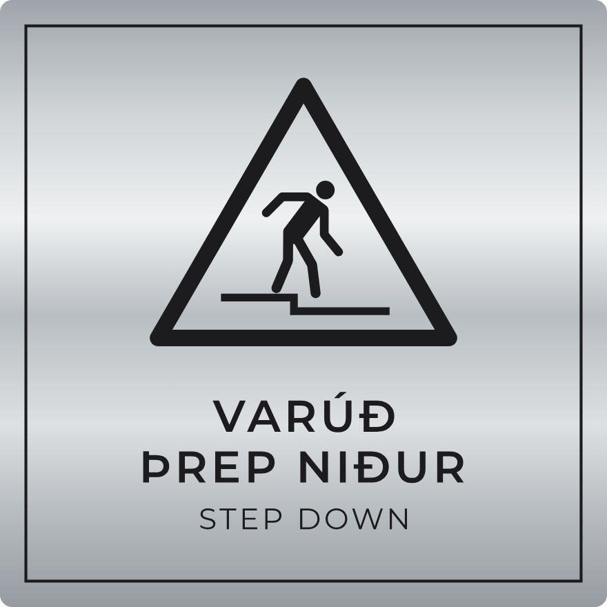 Varúð þrep niður - viðvörunarskilti, silfur
