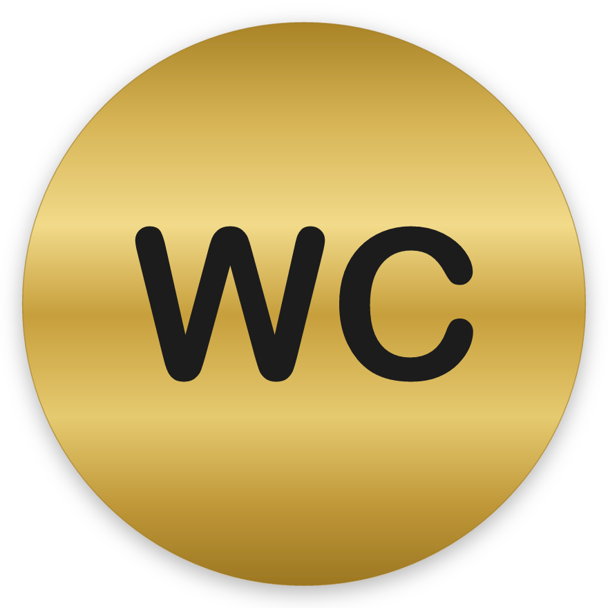 WC, hringlaga WC skilti, grafið, gyllt