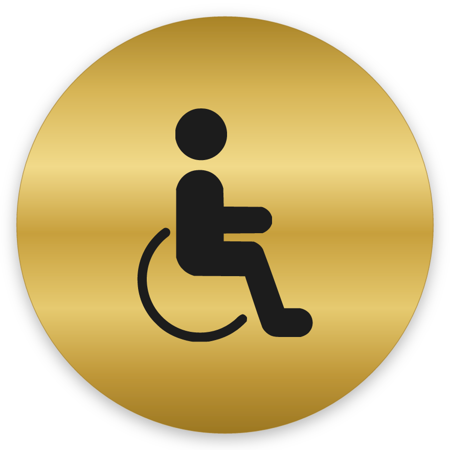 Aðgengi, hringlaga WC skilti, grafið, gyllt