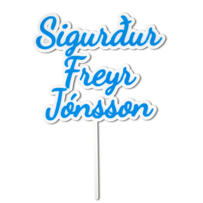Ljósblár kökutoppur með nafninu Sigurður Freyr Jónsson