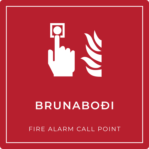 Brunaboði – grafið brunaskilti, íslenska og enska