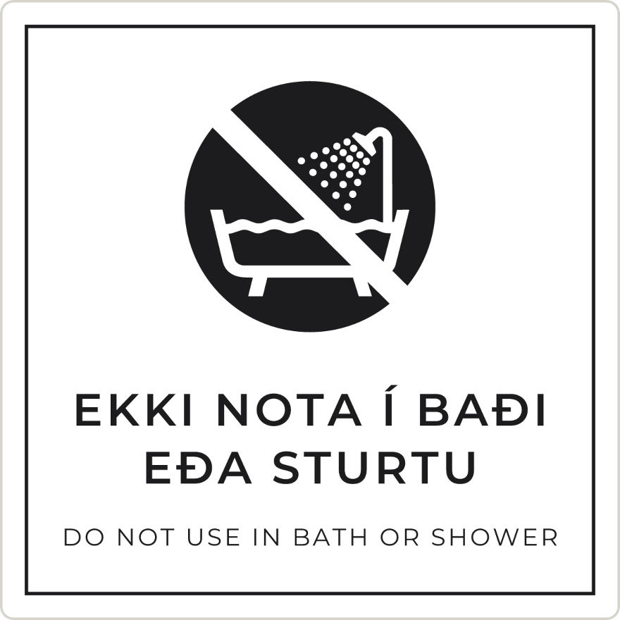 Ekki nota í baði eða sturtu - bannskilti, hvítt
