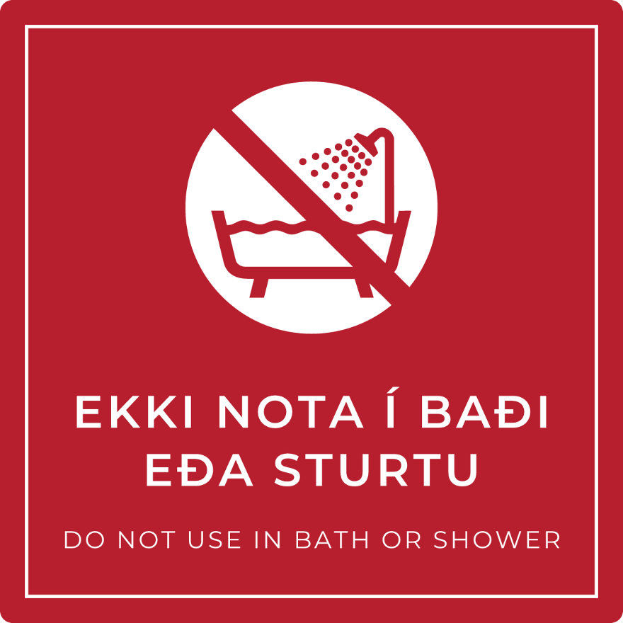 Ekki nota í baði eða sturtu - bannskilti, rautt