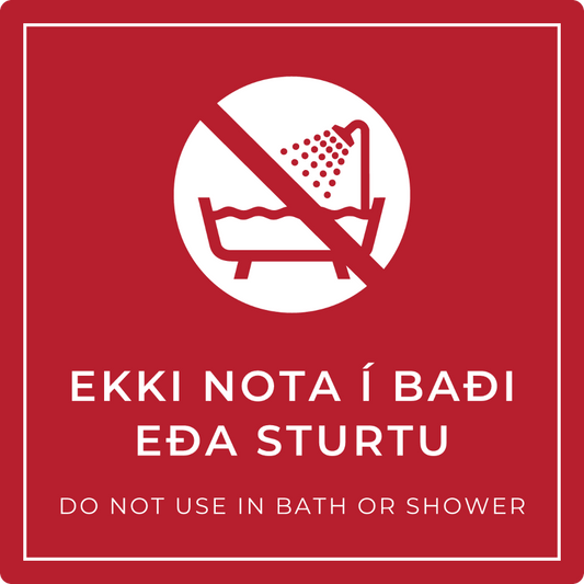 Ekki nota í baði eða sturtu - bannskilti, rautt