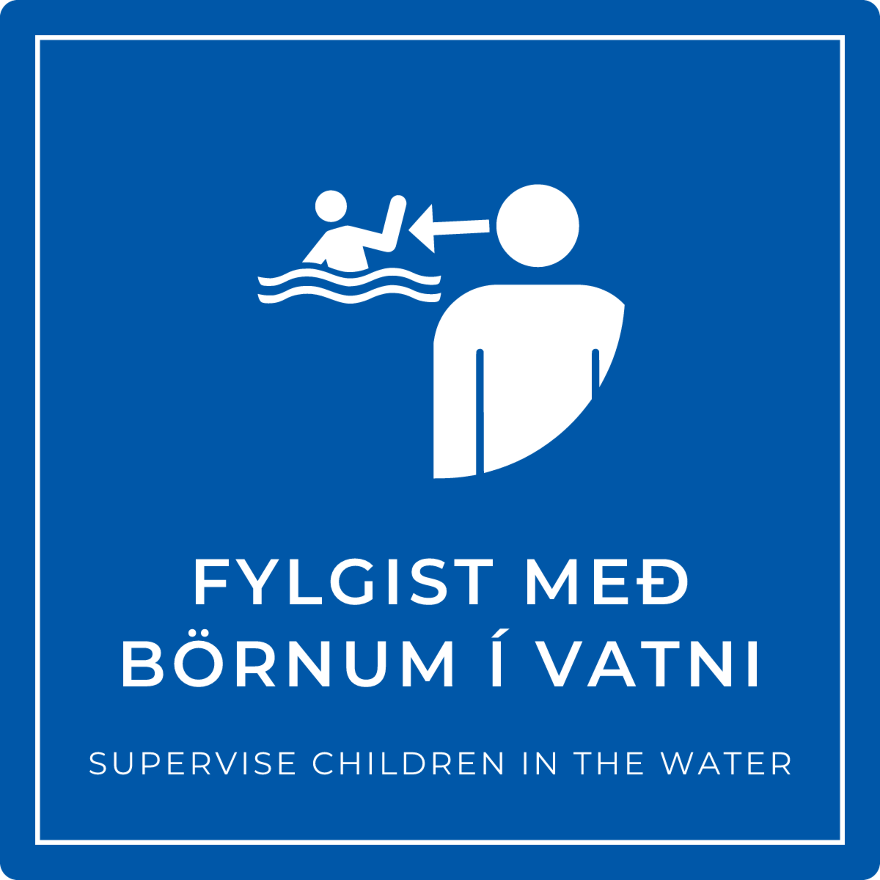 Fylgist með börnum í vatni - boðskilti, blátt