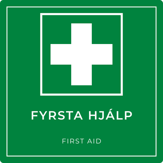 Fyrsta hjálp – grafið neyðarskilti, íslenska og enska