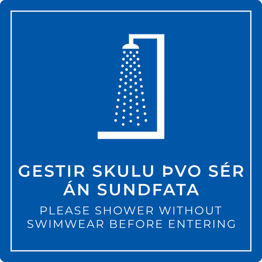 Gestir skulu þvo sér án sundfata - boðskilti, blátt