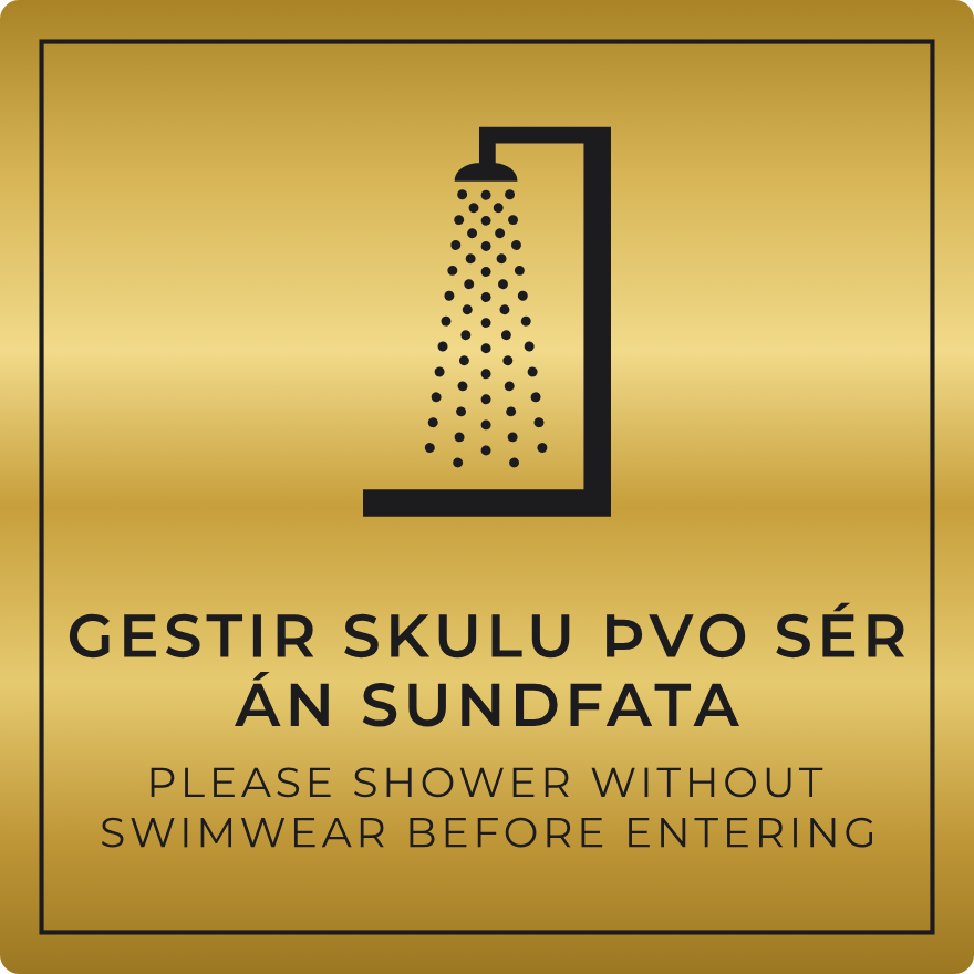 Gestir skulu þvo sér án sundfata - boðskilti, gull