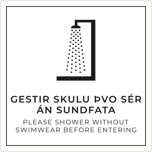 Gestir skulu þvo sér án sundfata - boðskilti, hvítt