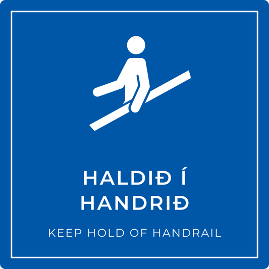 Haldið í handrið - boðskilti, blátt