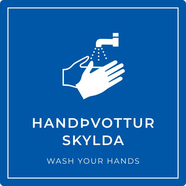 Handþvottur skylda – grafið boðskilti, íslenska og enska