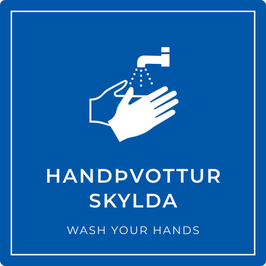 Handþvottur skylda – grafið boðskilti, íslenska og enska