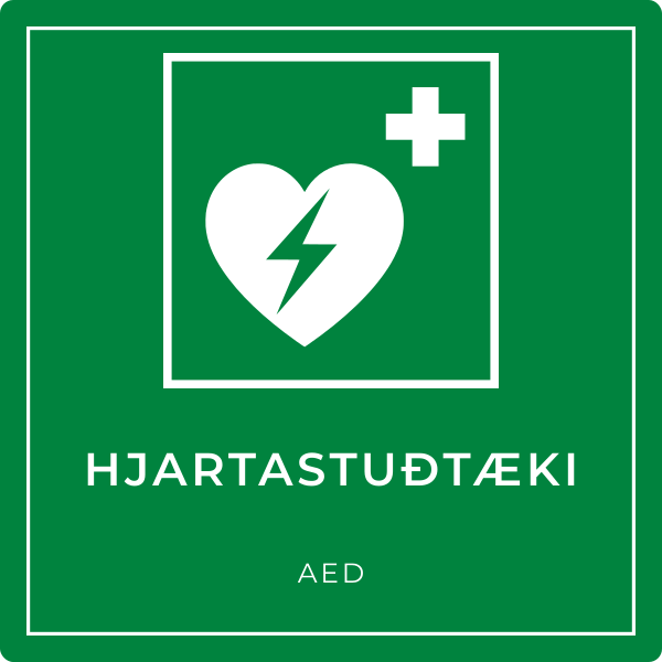 Hjartastuðtæki (AED) – grafið neyðarskilti, íslenska og enska