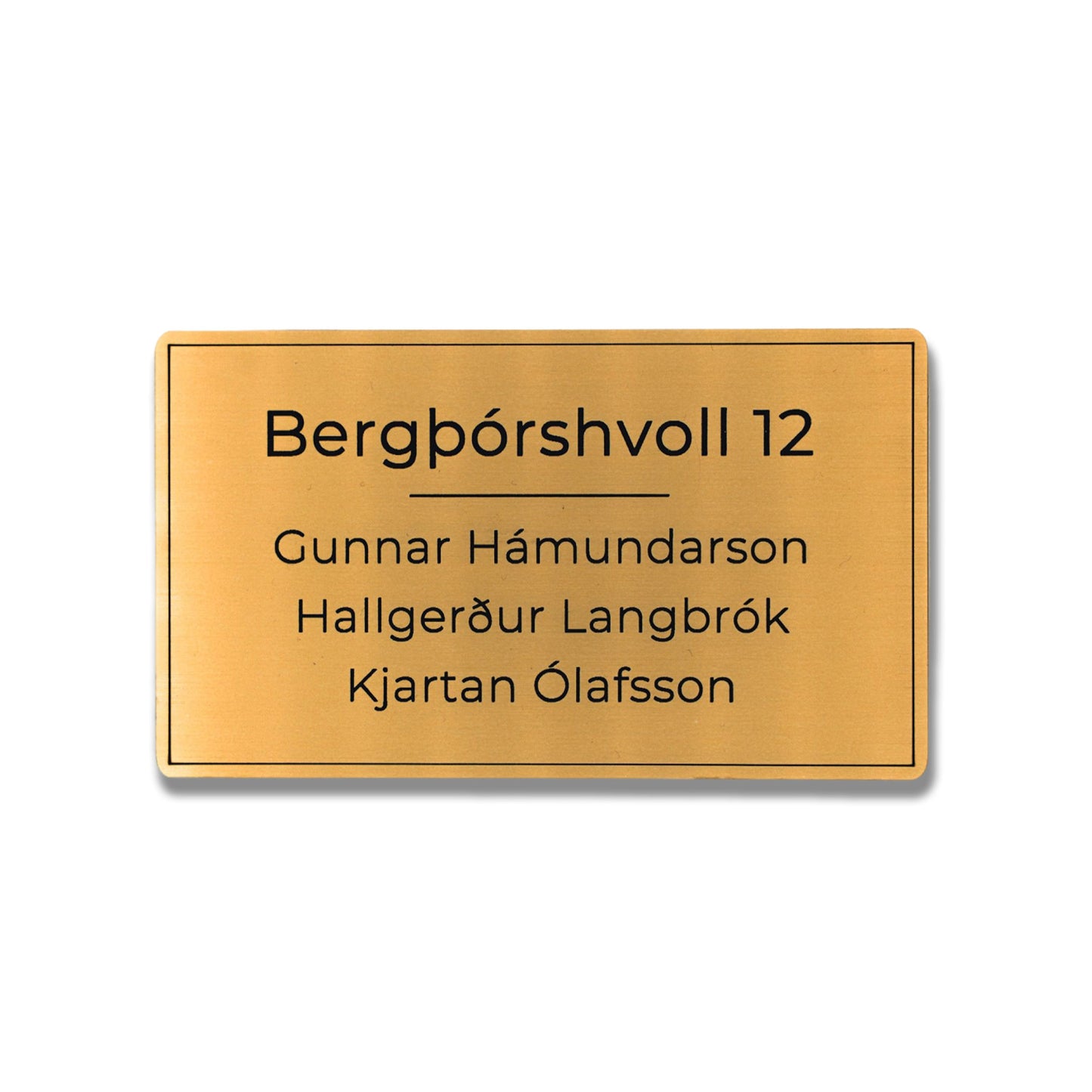 Gyllt hurðaskilti úr akrýl með svörtum stöfum og heimilisfangi. Nafnaskilti fyrir heimili.